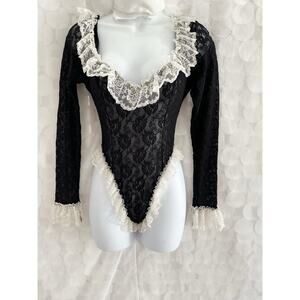 Vintage 90s black lace thong bodysuit plunging neckline lace cuffs French maid